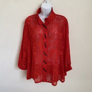 Ali Miles Womens Petite XL Red Button Up Tunic Top Blouse Sheer Lagenlook